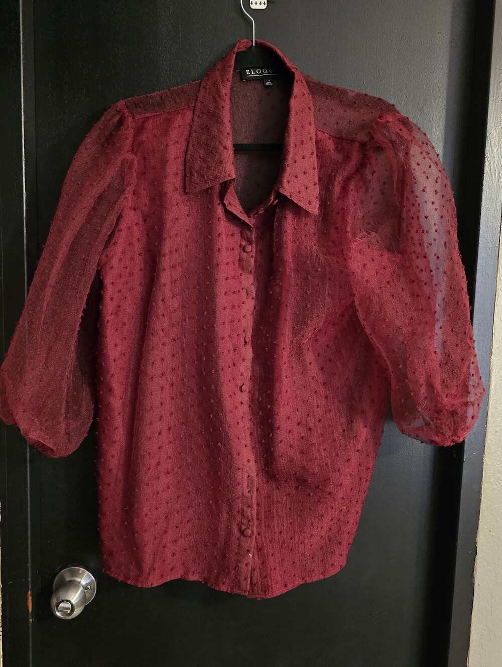 Eloquii Burgundy Red Sheer Dotted Puff-Sleeve Blouse